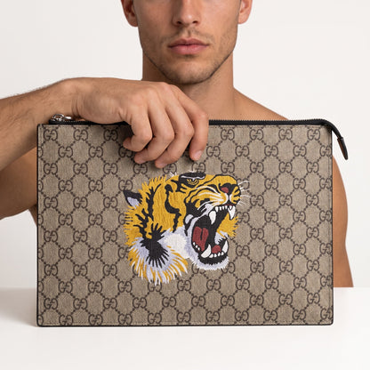 Gucci GG Tiger Canvas Zip Pouch — Beige