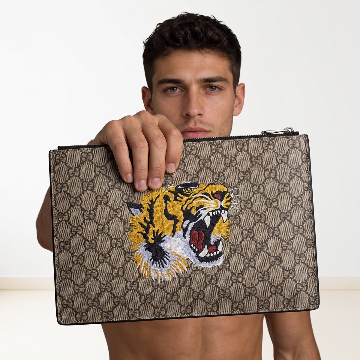 Gucci GG Tiger Canvas Zip Pouch — Beige