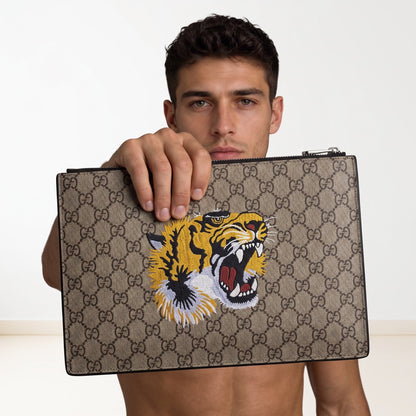 Gucci GG Tiger Canvas Zip Pouch — Beige