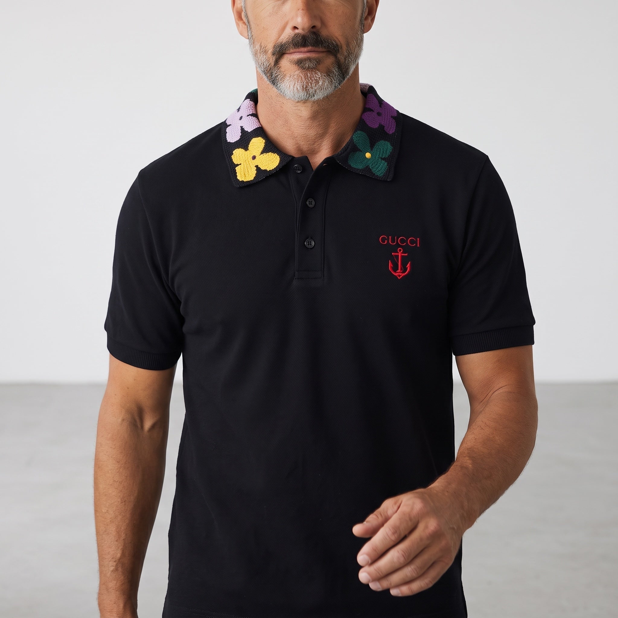 Gucci Polo – Black Floral Collar 🌺