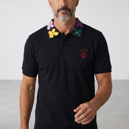 Gucci Polo – Black Floral Collar 🌺