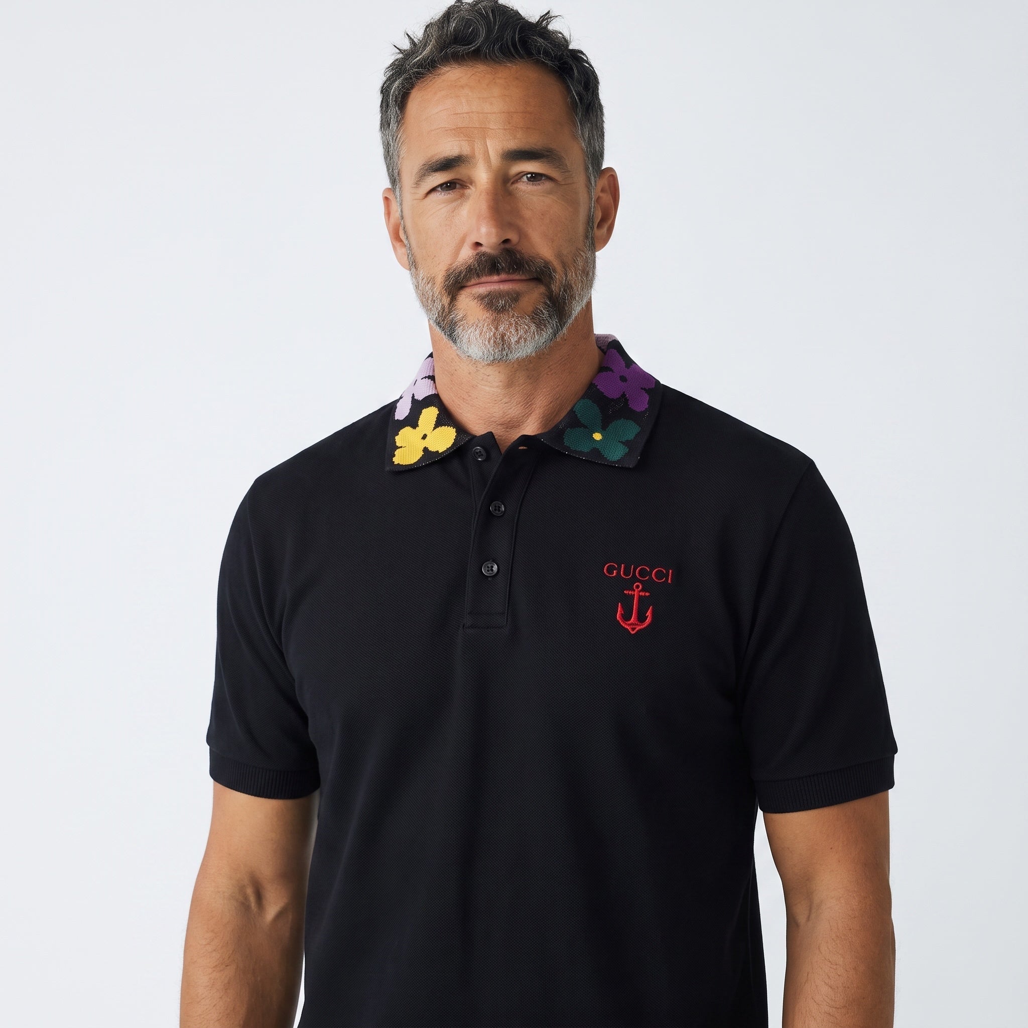 Gucci Polo – Black Floral Collar 🌺