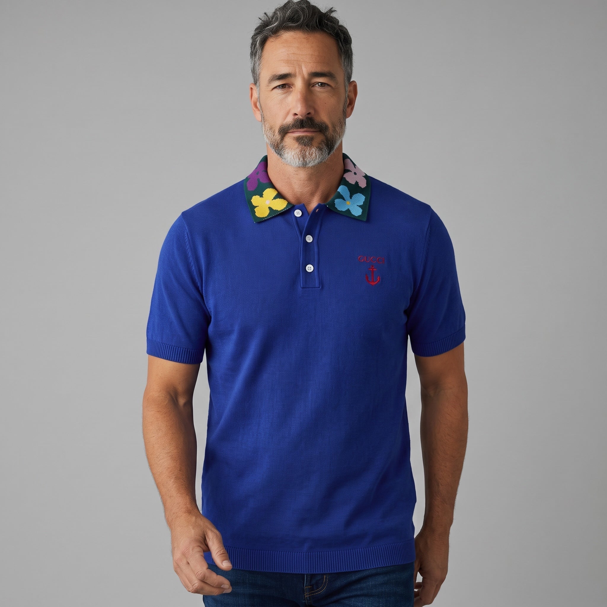 Gucci Polo – Royal Blue Floral-Collar Knit 🌺