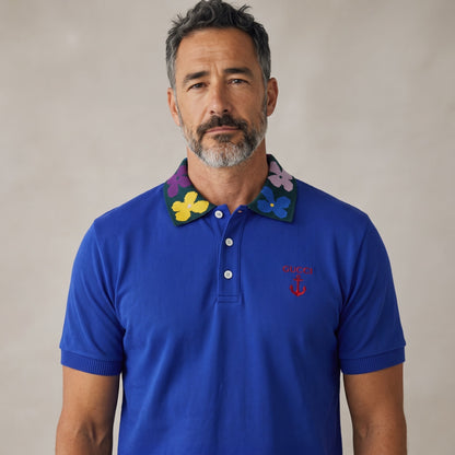 Gucci Polo – Royal Blue Floral-Collar Knit 🌺