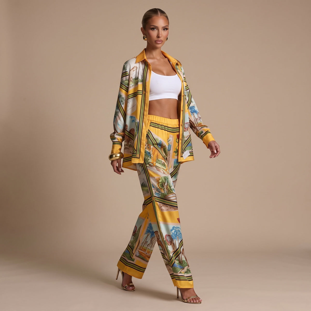 Gucci Safari Print Shirt & Wide-Leg Pants Set – Yellow💛⭐️ one size