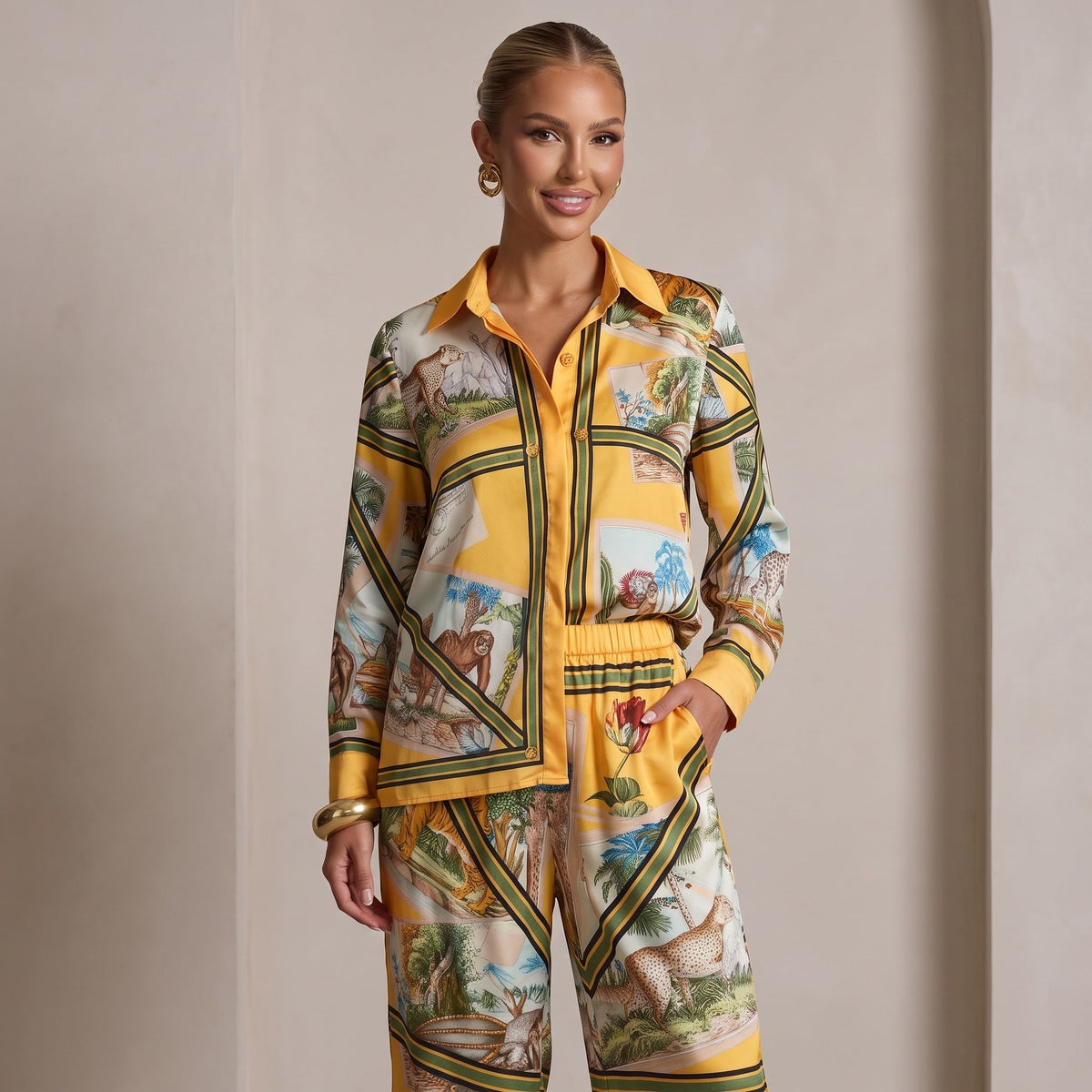 Gucci Safari Print Shirt & Wide-Leg Pants Set – Yellow💛⭐️ one size