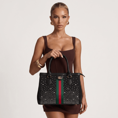 Gucci Studded Leather Tote – Black Web Stripe Statement Bag 🖤✨