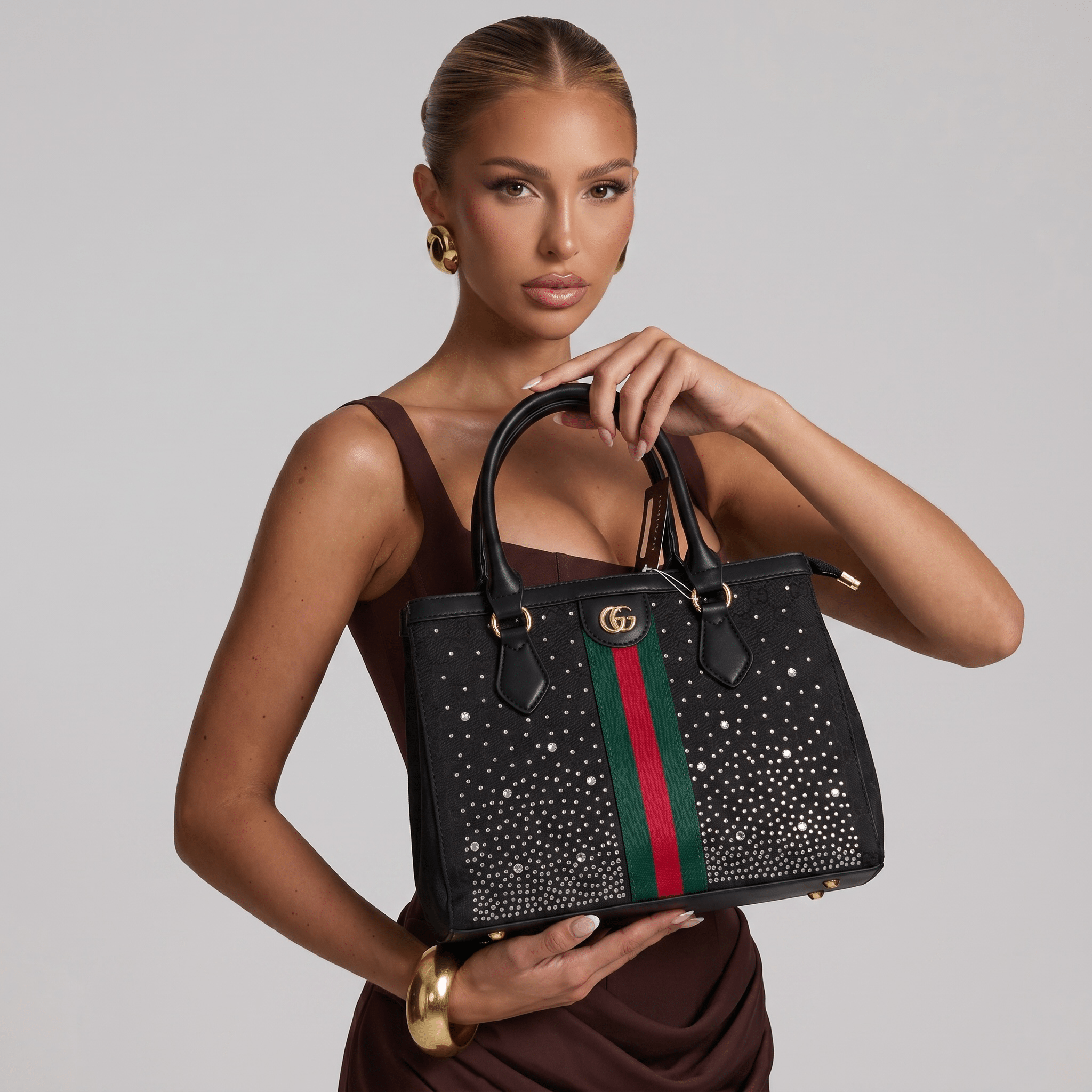 Gucci Studded Leather Tote – Black Web Stripe Statement Bag 🖤✨