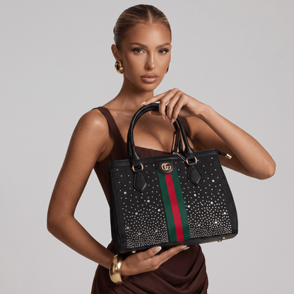 Gucci Studded Leather Tote – Black Web Stripe Statement Bag 🖤✨