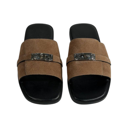 Hermès Brown Suede Slides 🤎✨ Luxury Flat Sandals for Men