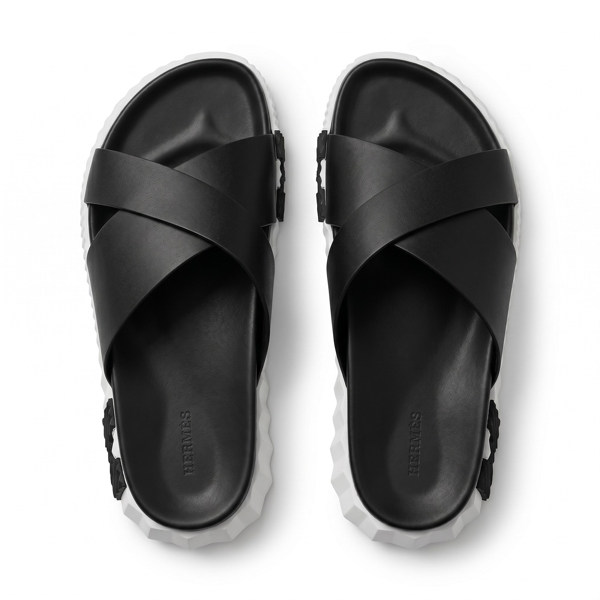 Hermès Chypre Cross Strap Slides – Black & White