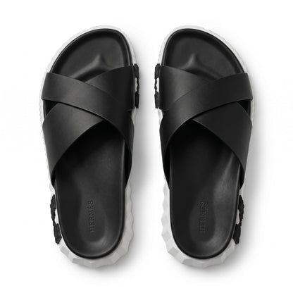 Hermès Chypre Cross Strap Slides – Black & White