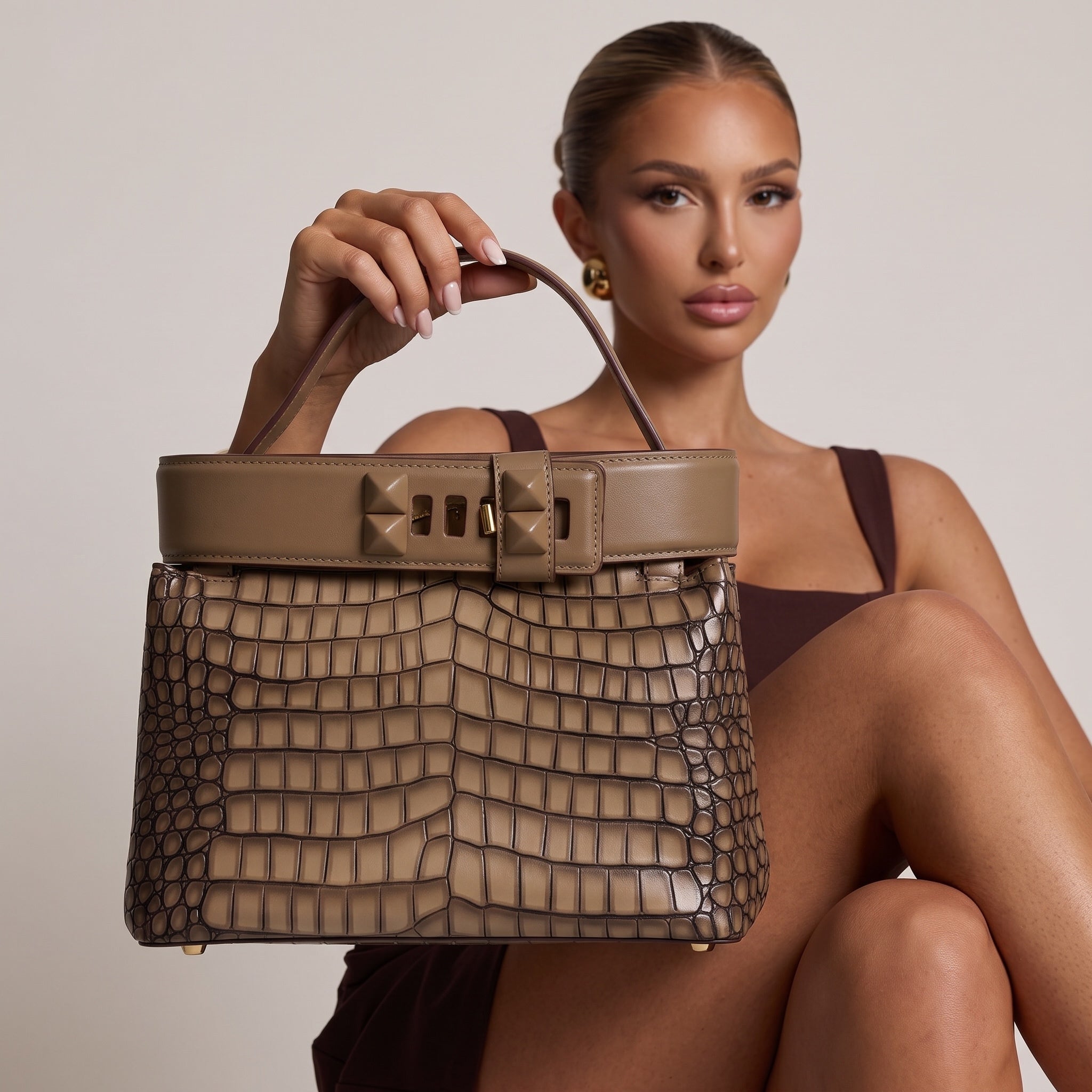 Hermès Croc-Effect Structured Top Handle Bag – Taupe