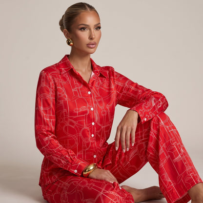 Hermès Equestrian Print Shirt & Wide-Leg Pants Set – Red 🍒🍒one size