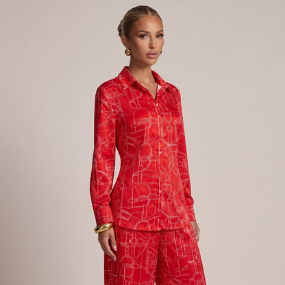 Hermès Equestrian Print Shirt & Wide-Leg Pants Set – Red 🍒🍒one size