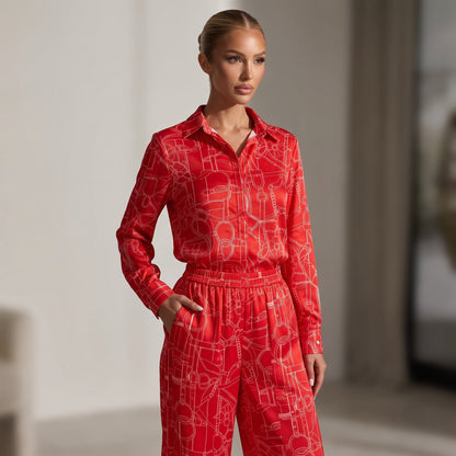 Hermès Equestrian Print Shirt & Wide-Leg Pants Set – Red 🍒🍒one size