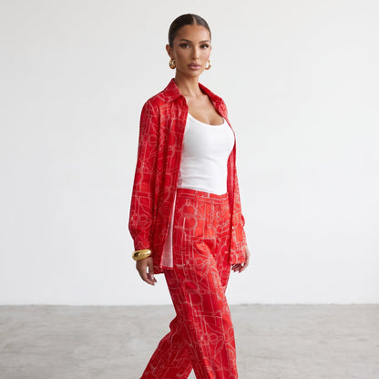 Hermès Equestrian Print Shirt & Wide-Leg Pants Set – Red 🍒🍒one size