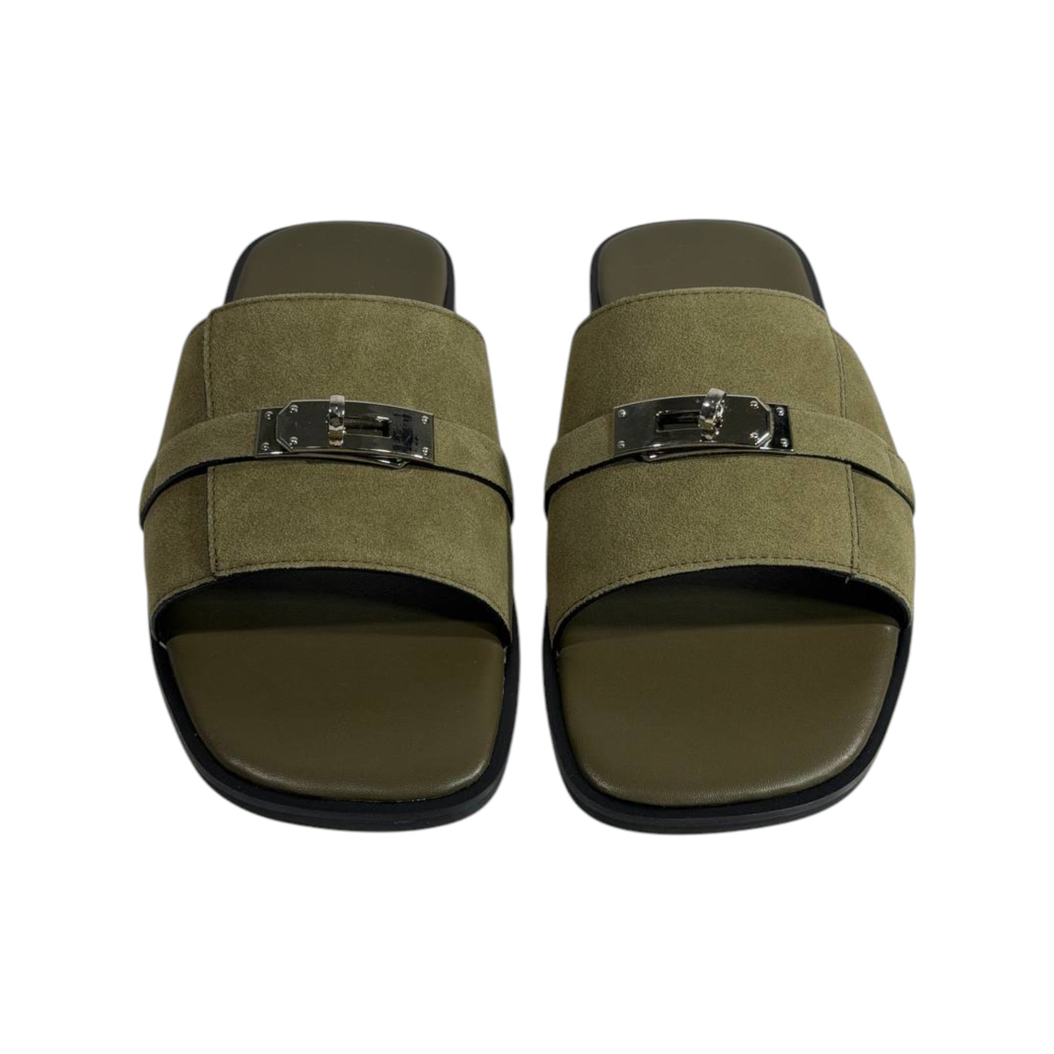 Hermès Olive Green Suede Slides 💚✨ Luxury Flat Sandals for Men