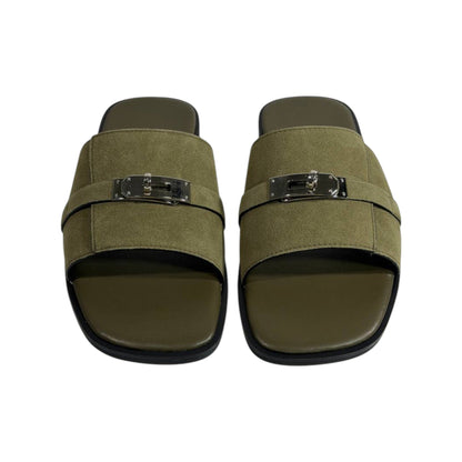 Hermès Olive Green Suede Slides 💚✨ Luxury Flat Sandals for Men