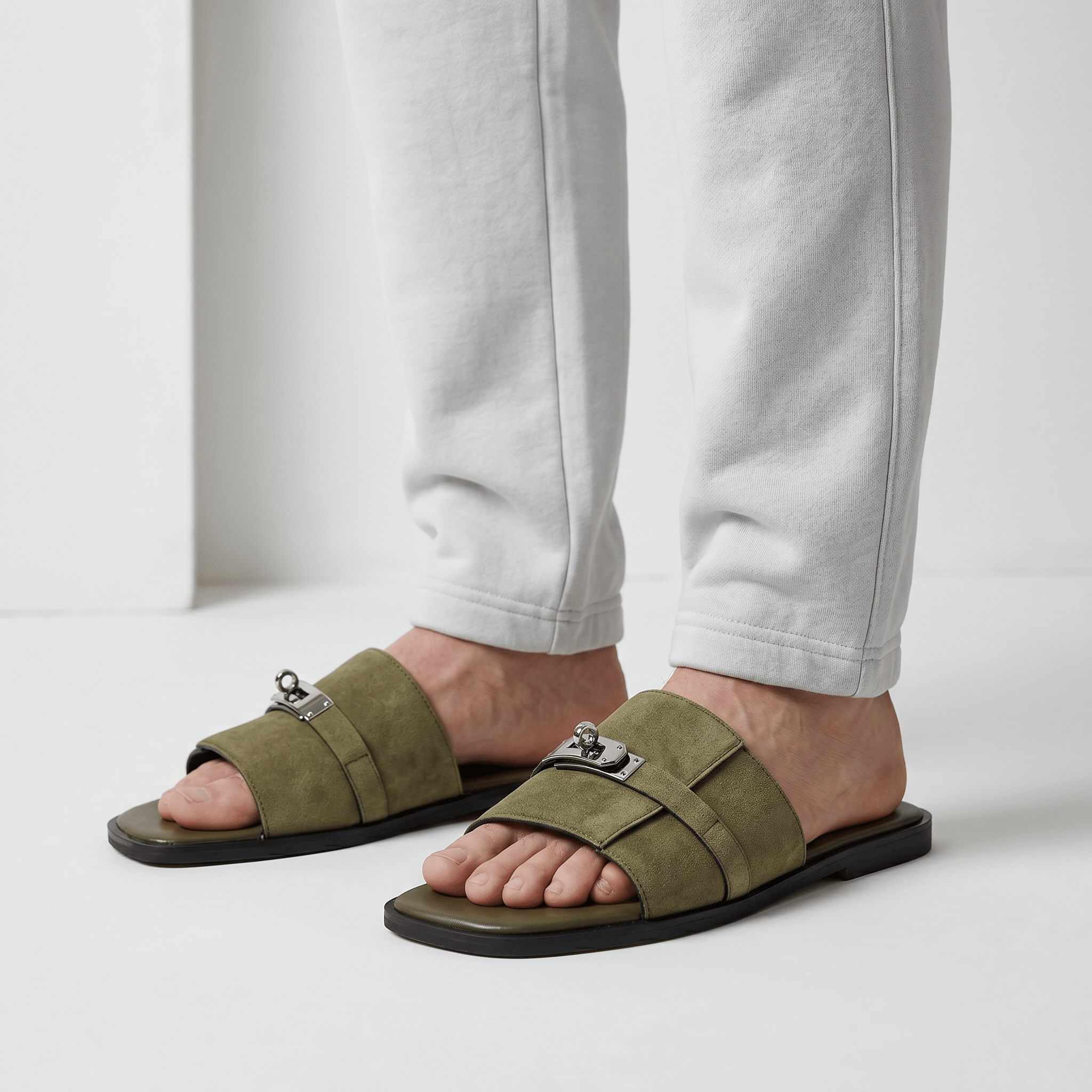 Hermès Olive Green Suede Slides 💚✨ Luxury Flat Sandals for Men
