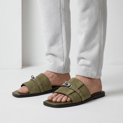 Hermès Olive Green Suede Slides 💚✨ Luxury Flat Sandals for Men