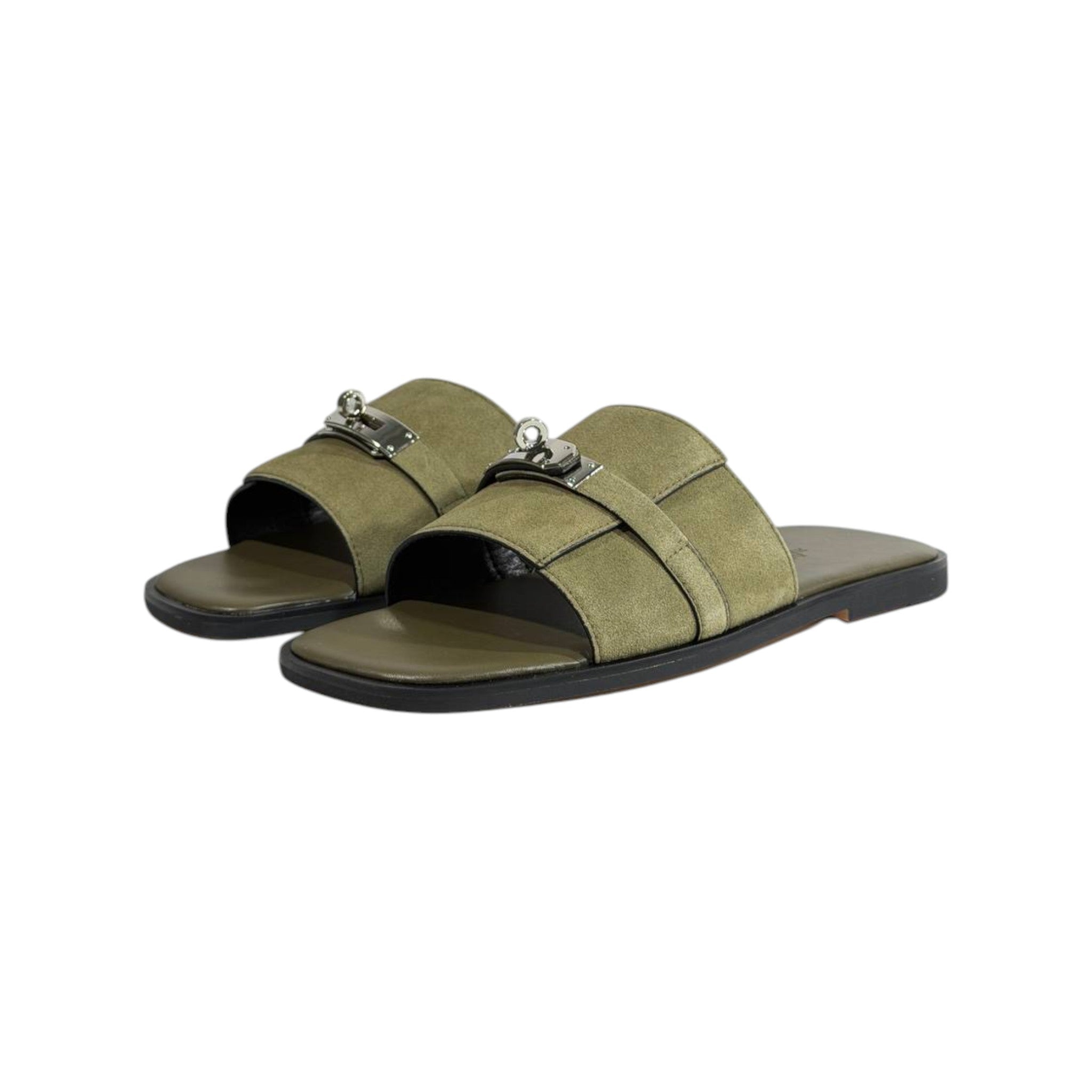 Hermès Olive Green Suede Slides 💚✨ Luxury Flat Sandals for Men