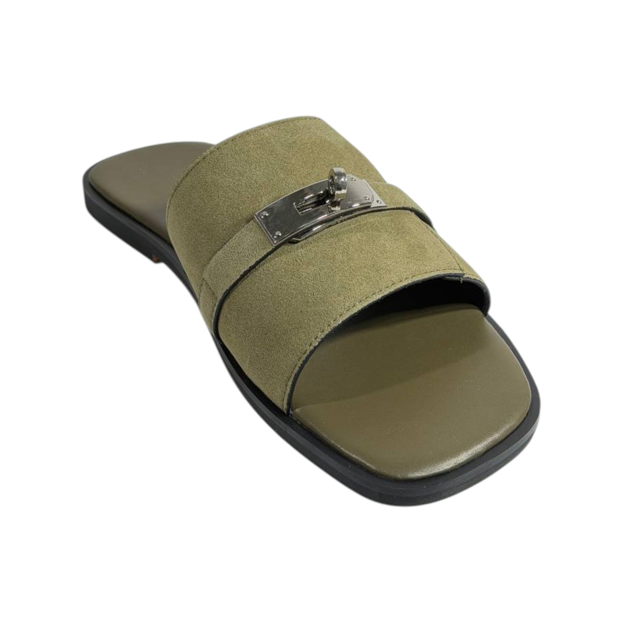 Hermès Olive Green Suede Slides 💚✨ Luxury Flat Sandals for Men