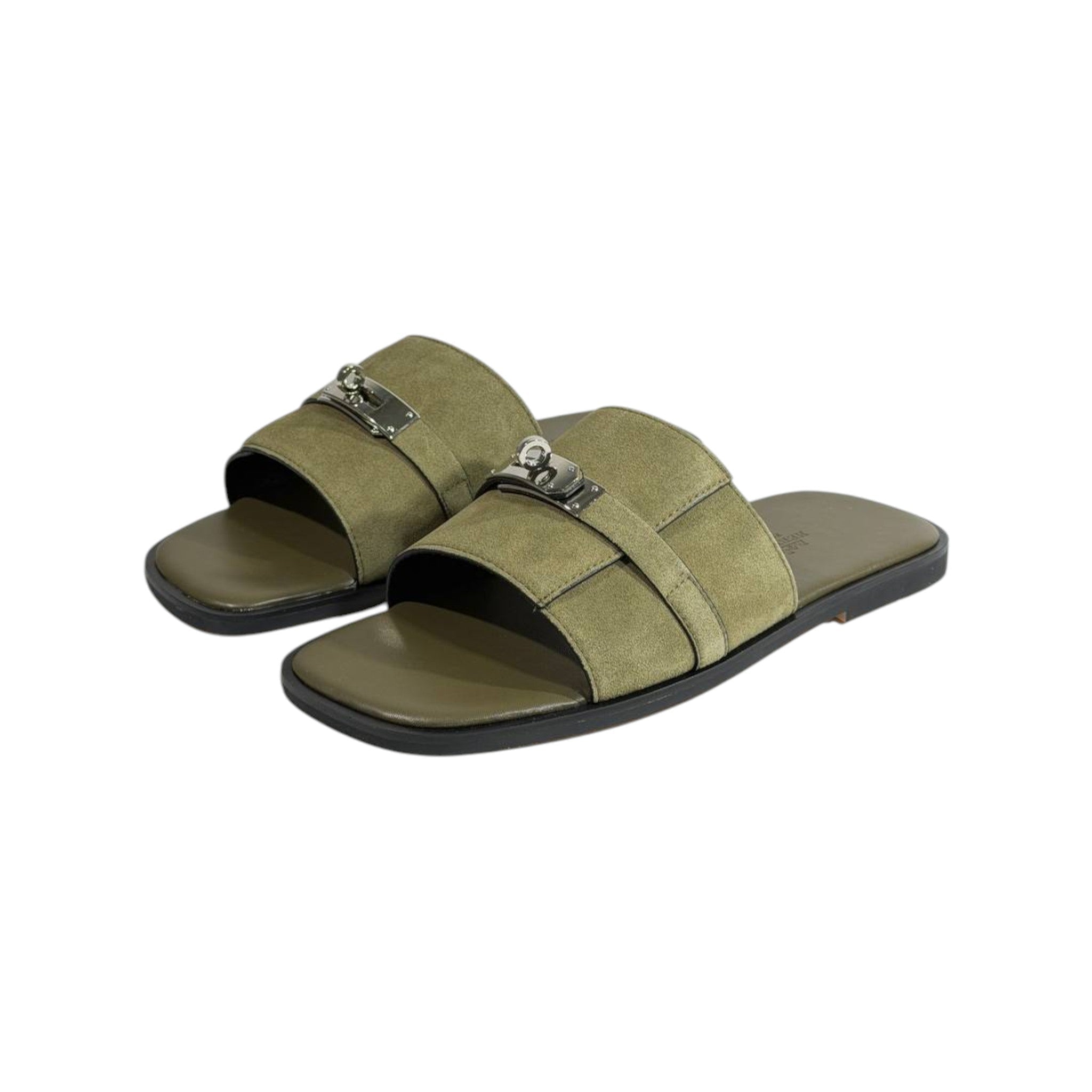 Hermès Olive Green Suede Slides 💚✨ Luxury Flat Sandals for Men