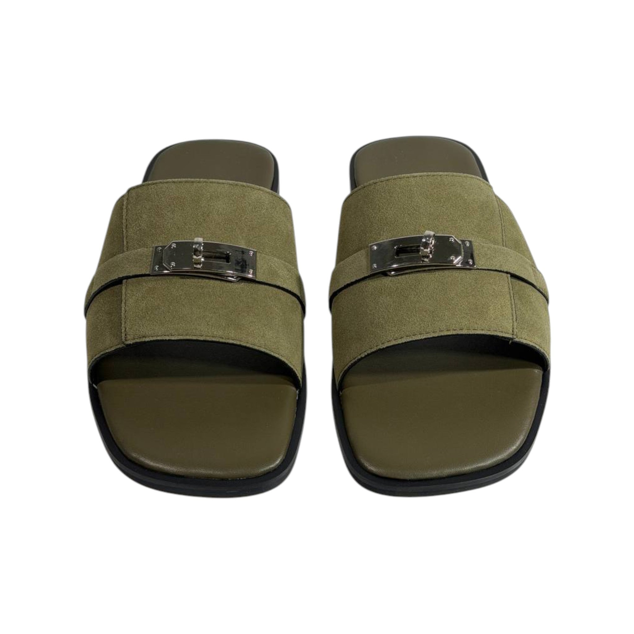Hermès Olive Green Suede Slides 💚✨ Luxury Flat Sandals for Men