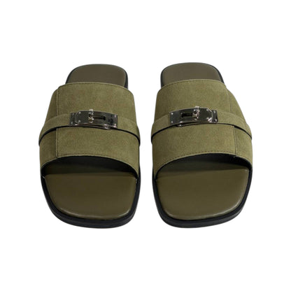 Hermès Olive Green Suede Slides 💚✨ Luxury Flat Sandals for Men