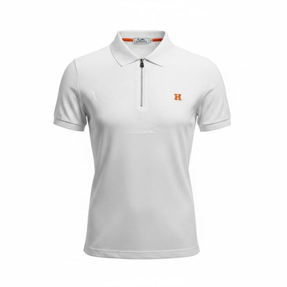 🤍 Hermès Style White Zip Polo – Minimal Luxury with Orange Accent 🧡✨