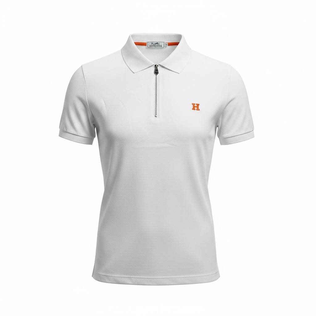 🤍 Hermès Style White Zip Polo – Minimal Luxury with Orange Accent 🧡✨