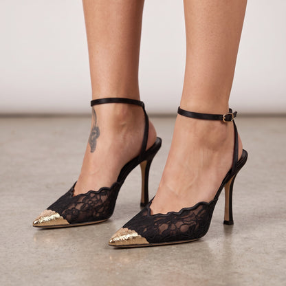 Jimmy Choo – Black Lace Slingback Pumps Gold Toe ✨9cm