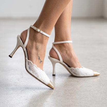 Jimmy Choo Lace Slingbacks – White Gold 👠✨9 cm