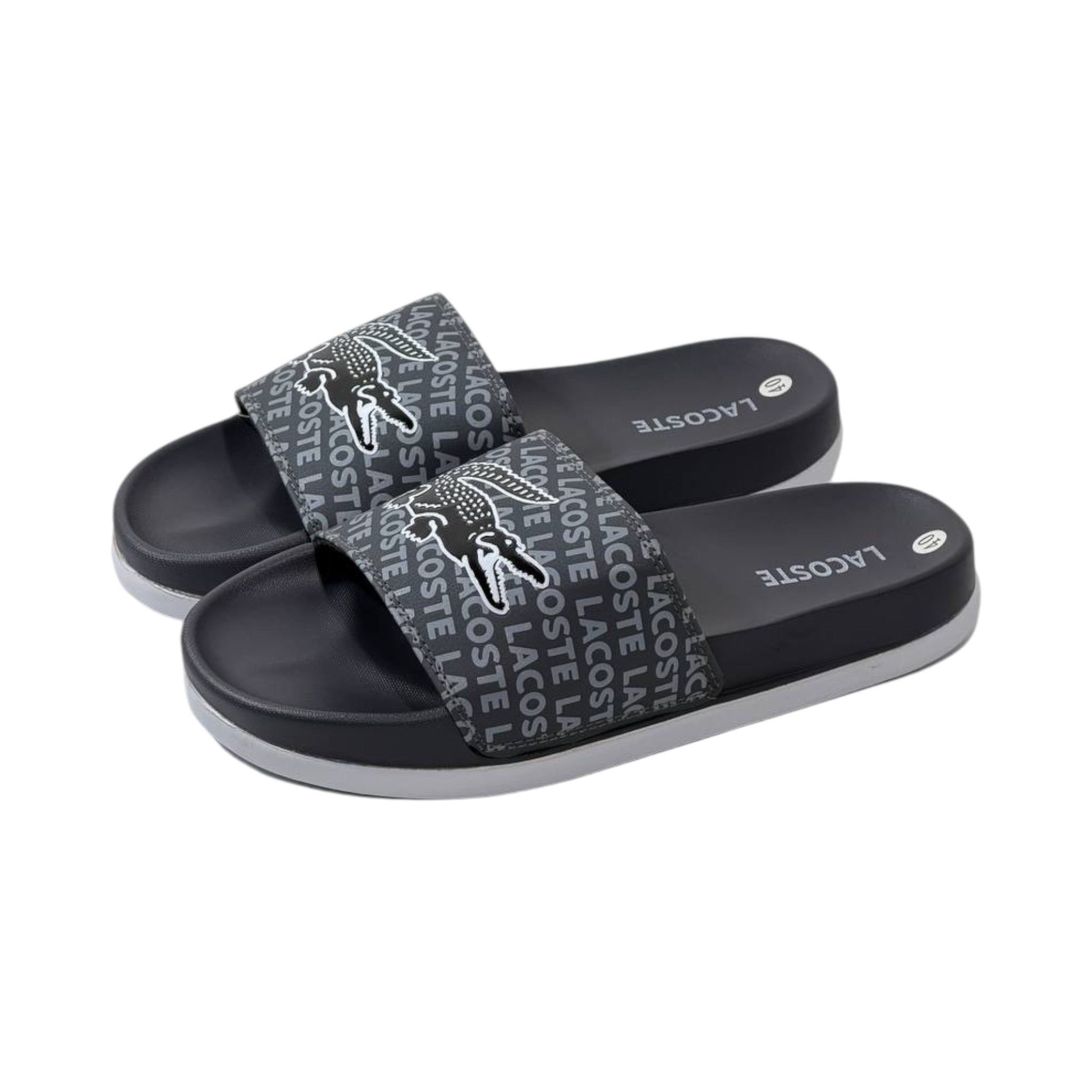 🐊 Lacoste Monogram Logo Slides – Midnight Black Edition 🖤✨
