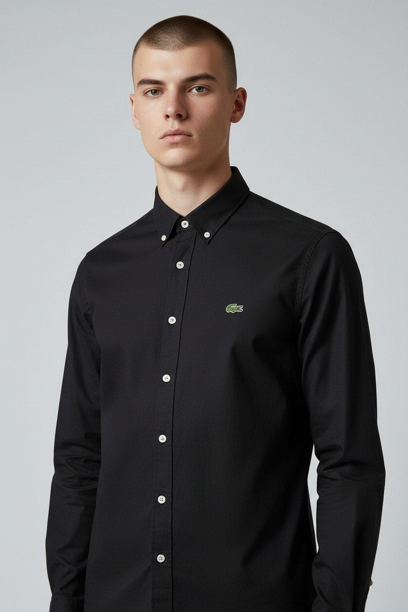 Lacoste Premium Black Button Down Oxford Shirt for Men – Luxury Smart Casual Long Sleeve Designer Essential 🖤✨