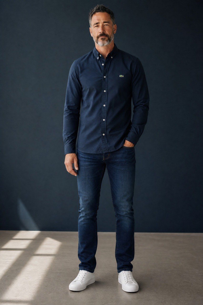 Lacoste Premium Navy Blue Oxford Button Down Long Sleeve Shirt for Men – Elegant Smart Casual Luxury Essential 💙✨