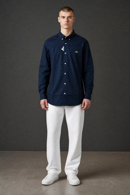 Lacoste Premium Navy Blue Oxford Button Down Long Sleeve Shirt for Men – Elegant Smart Casual Luxury Essential 💙✨