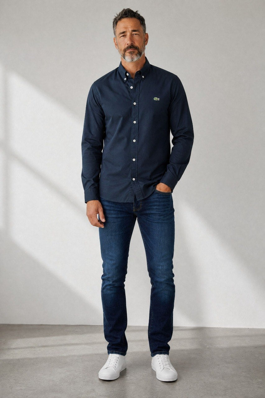 Lacoste Premium Navy Blue Oxford Button Down Long Sleeve Shirt for Men – Elegant Smart Casual Luxury Essential 💙✨