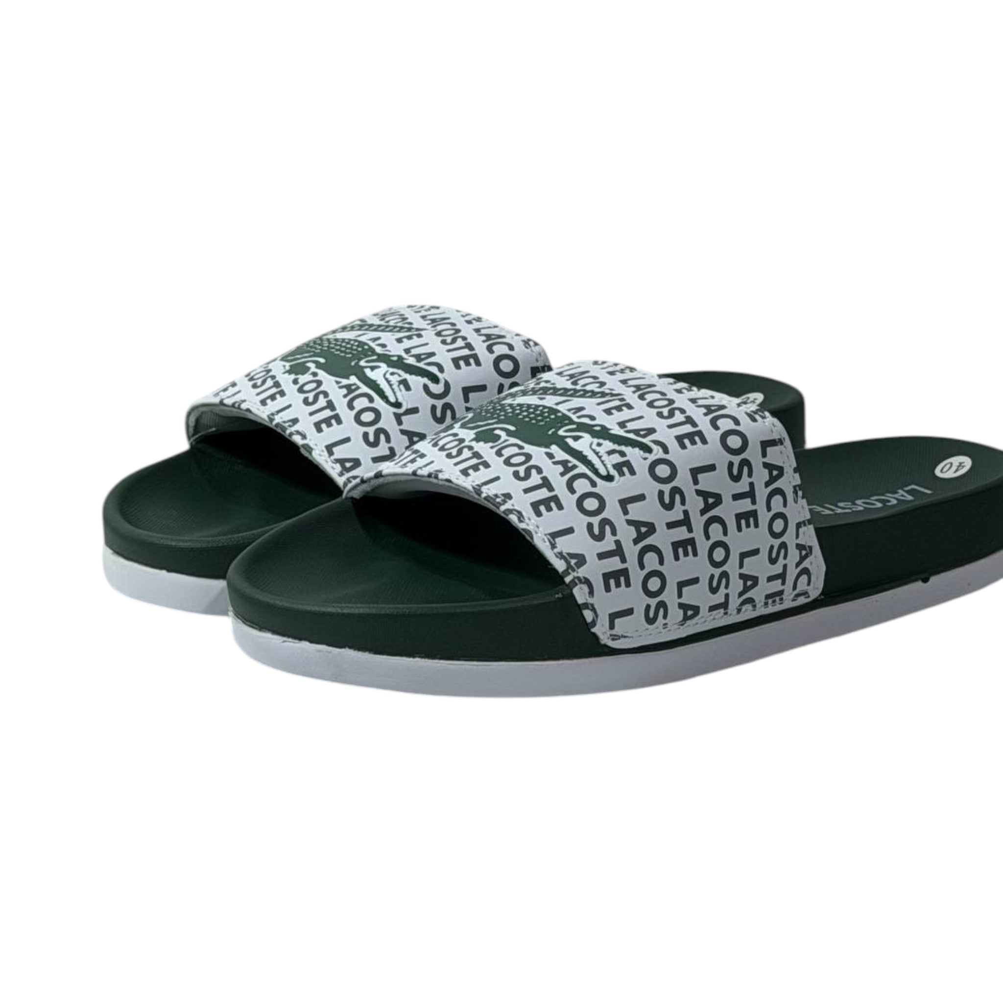 🐊 Lacoste Signature Logo Slides – White & Green Edition 💚🤍✨