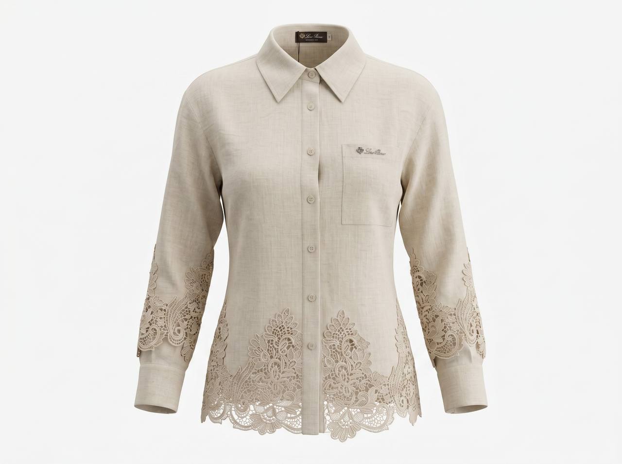 🤍 Loro Piana Beige Linen Lace Full Set – Shirt & Wide-Leg Pants ✨