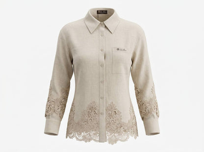 🤍 Loro Piana Beige Linen Lace Full Set – Shirt & Wide-Leg Pants ✨