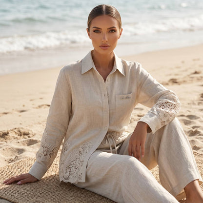 🤍 Loro Piana Beige Linen Lace Full Set – Shirt & Wide-Leg Pants ✨