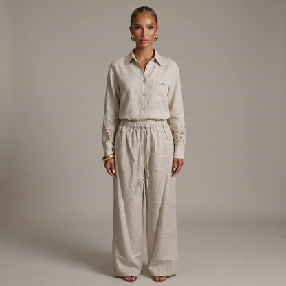 🤍 Loro Piana Beige Linen Lace Full Set – Shirt & Wide-Leg Pants ✨