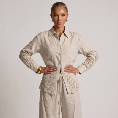 🤍 Loro Piana Beige Linen Lace Full Set – Shirt & Wide-Leg Pants ✨