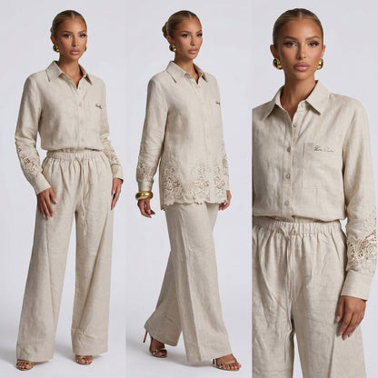 🤍 Loro Piana Beige Linen Lace Full Set – Shirt & Wide-Leg Pants ✨