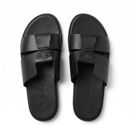 Loro Piana Heritage Crest Leather Slides – Black