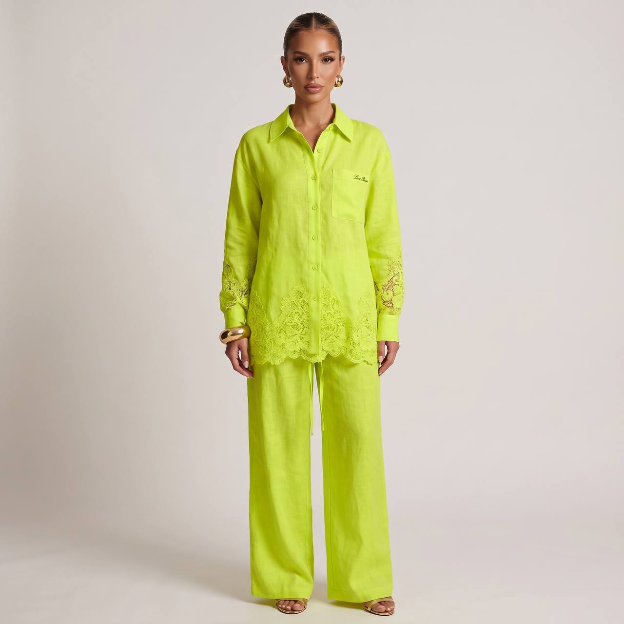 💚 Loro Piana Lime Green Linen Lace Full Set – Shirt & Wide-Leg Pants ✨