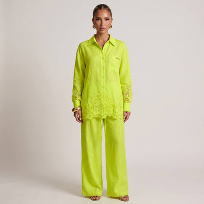 💚 Loro Piana Lime Green Linen Lace Full Set – Shirt & Wide-Leg Pants ✨