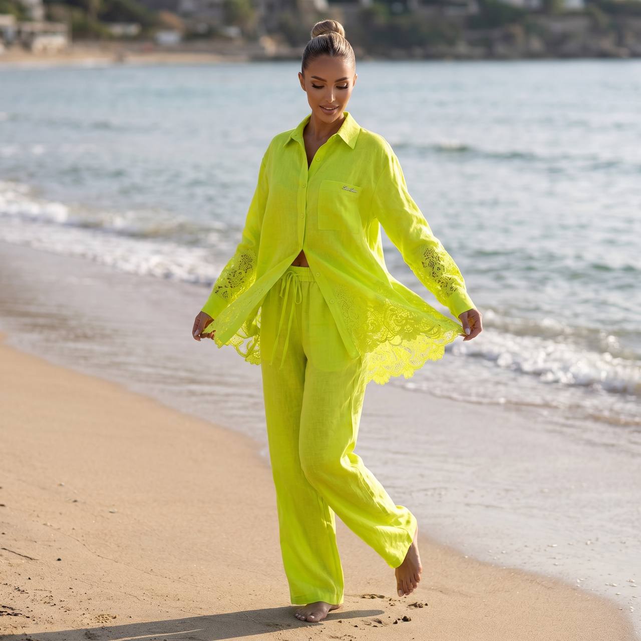 💚 Loro Piana Lime Green Linen Lace Full Set – Shirt & Wide-Leg Pants ✨